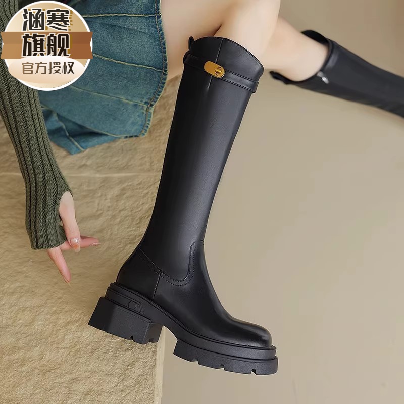 不过膝长筒靴女2023新款秋冬显瘦厚底高筒靴子骑士靴