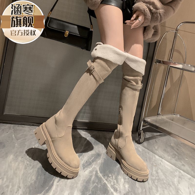 两穿毛毛高筒靴女绒面2023年秋冬新款骑士长靴厚底大小筒围过膝靴