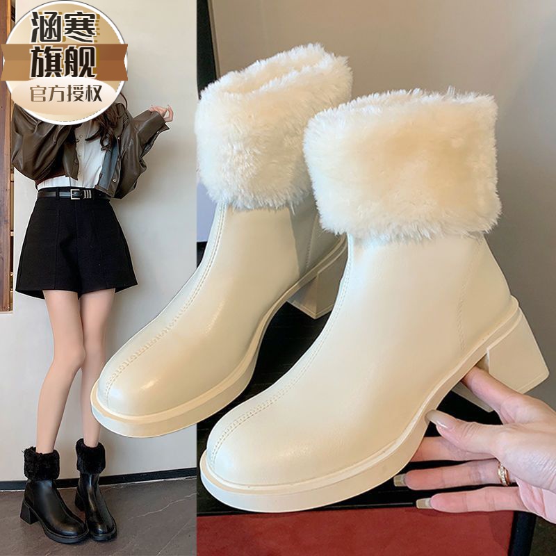 时尚毛毛雪地靴女2023年秋冬新款高跟粗跟短靴加绒加厚保暖棉靴潮