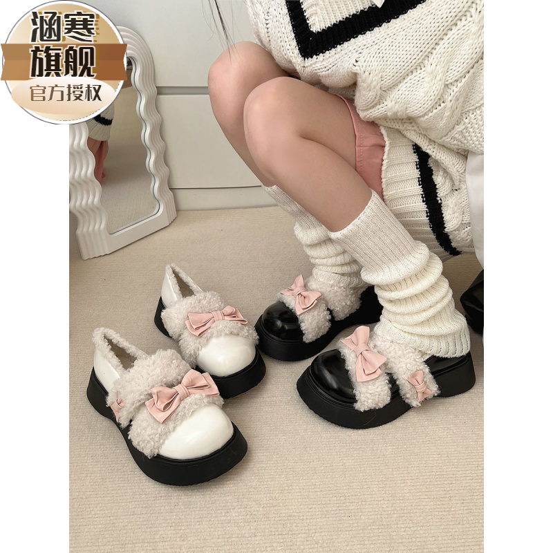 日系蝴蝶结加绒小皮鞋女2023新款秋冬季学院风黑色厚底增高乐福鞋