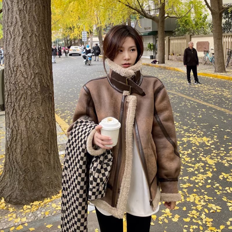 皮毛一体羊羔毛外套女2023新款冬季麂皮机车服夹克羊羔绒棉服上衣