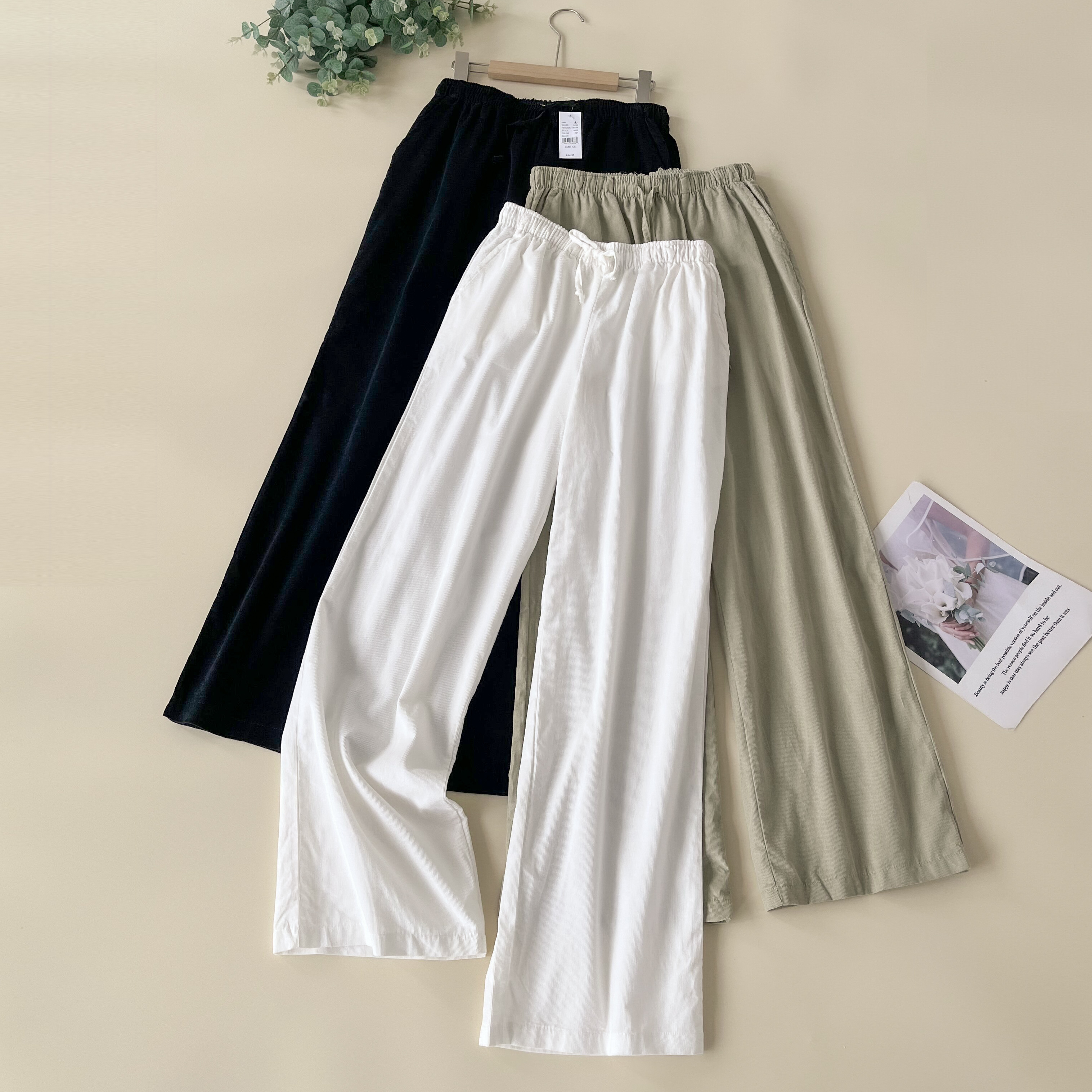 美单 34.95刀 女新款时尚松紧腰百搭灯芯绒长裤子阔腿裤休闲裤