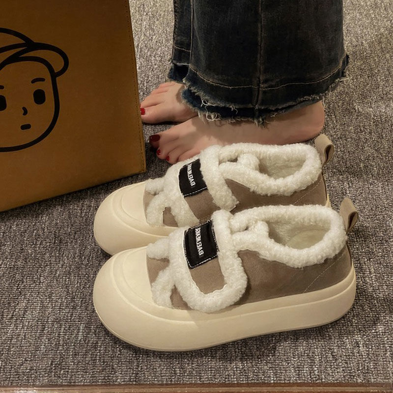 奶呼呼小白鞋女2023秋冬季新款加绒毛毛鞋子保暖棉鞋厚底松糕板鞋