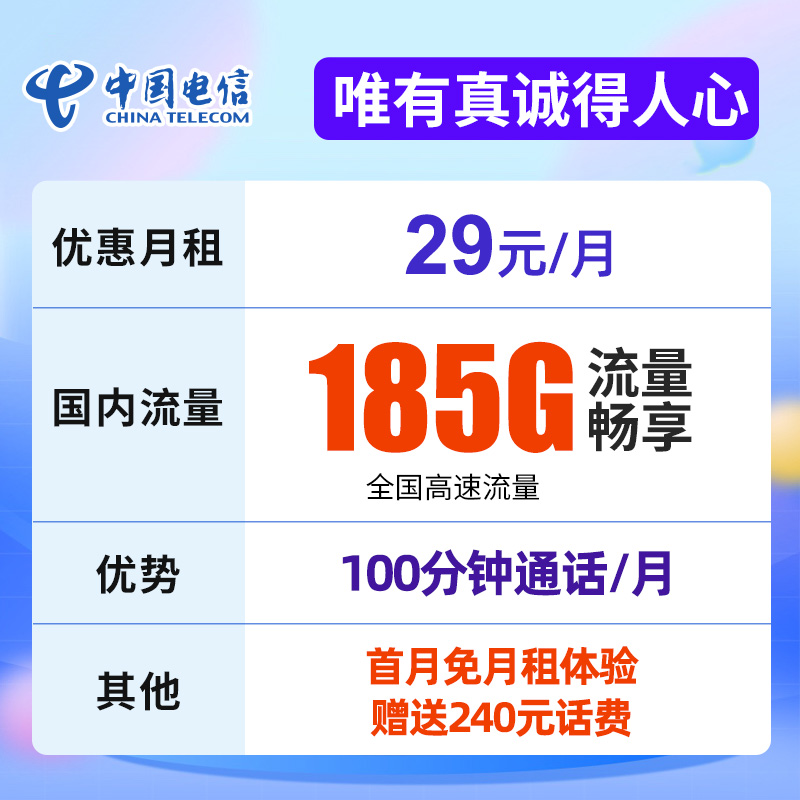 电信星卡电话卡5g手机卡流量卡29元185g大王卡推荐大流量