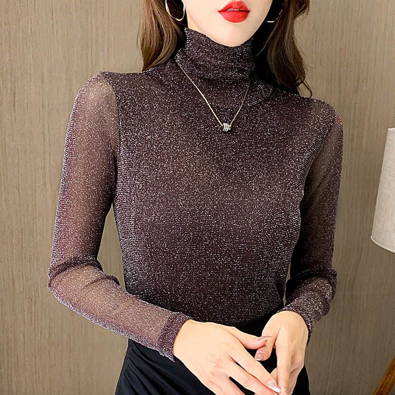 春秋冬季新款高领外穿长袖T恤女士打底上衣亮丝网纱气质内搭纱衣