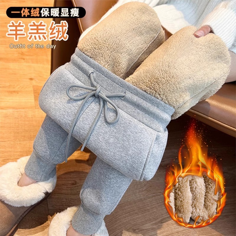 高腰束脚加绒加厚运动裤女秋冬季羊羔绒保暖休闲棉卫裤子2024新款