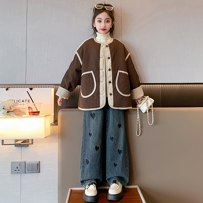 女童秋装外套加厚夹棉上衣中大童韩版洋气冬季轻薄棉服女孩显瘦