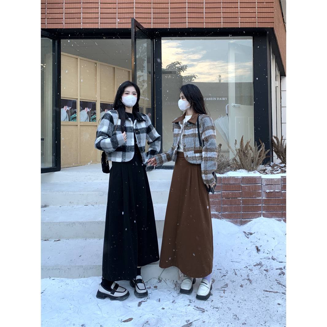 大码微胖冬季法式复古格子上衣夹棉加厚小香风毛呢外套半身裙套装