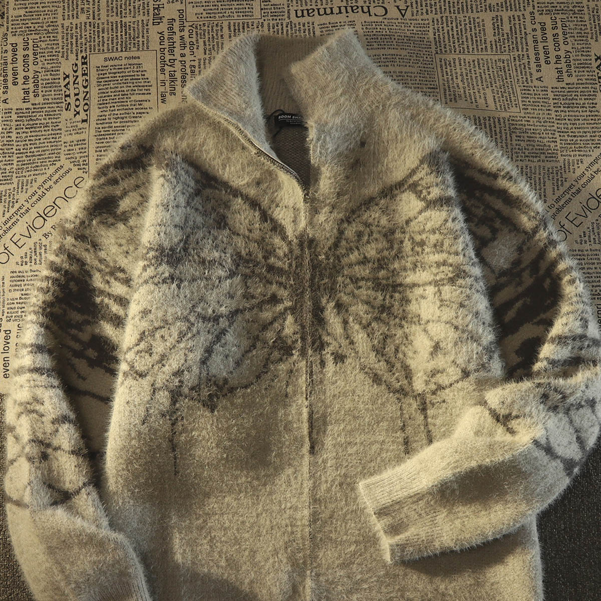 美式古着蝴蝶高领开衫毛衣女2023秋冬外穿宽松国潮牌vintage外套