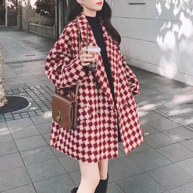 1016上新中戏格大衣西装毛呢外套秋冬新款高级慵懒感加棉厚款外套