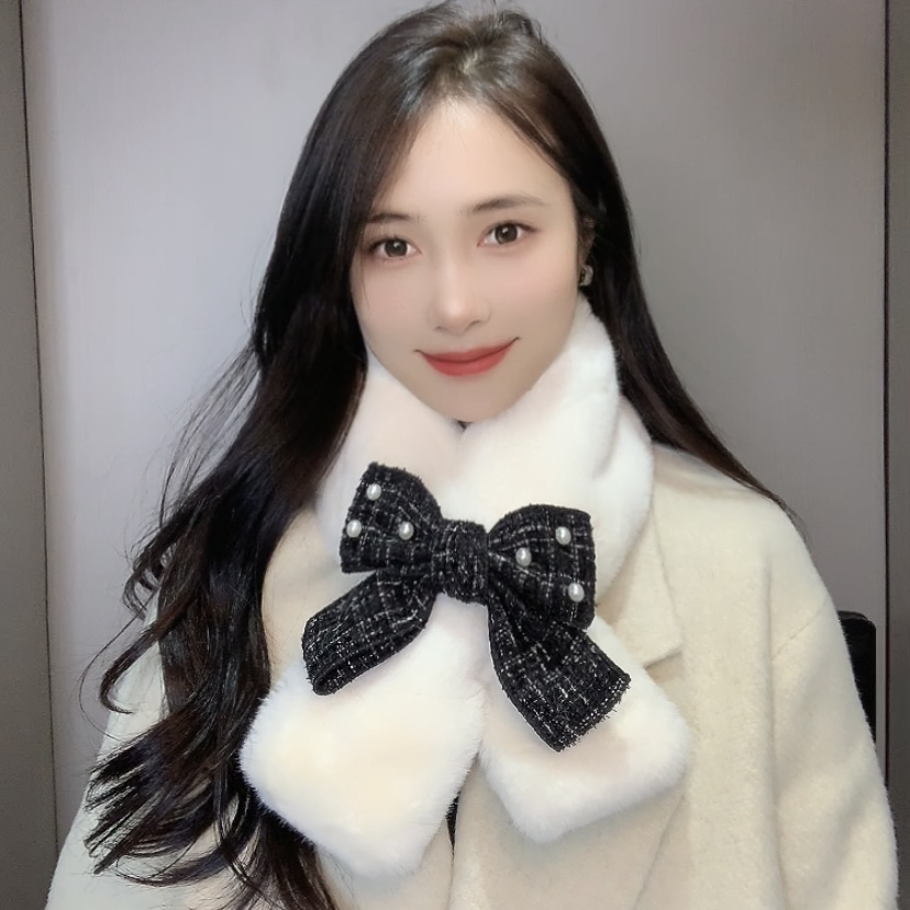 5新品小香风蝴蝶结毛毛领围巾毛毛围巾加厚网红时尚毛绒围巾