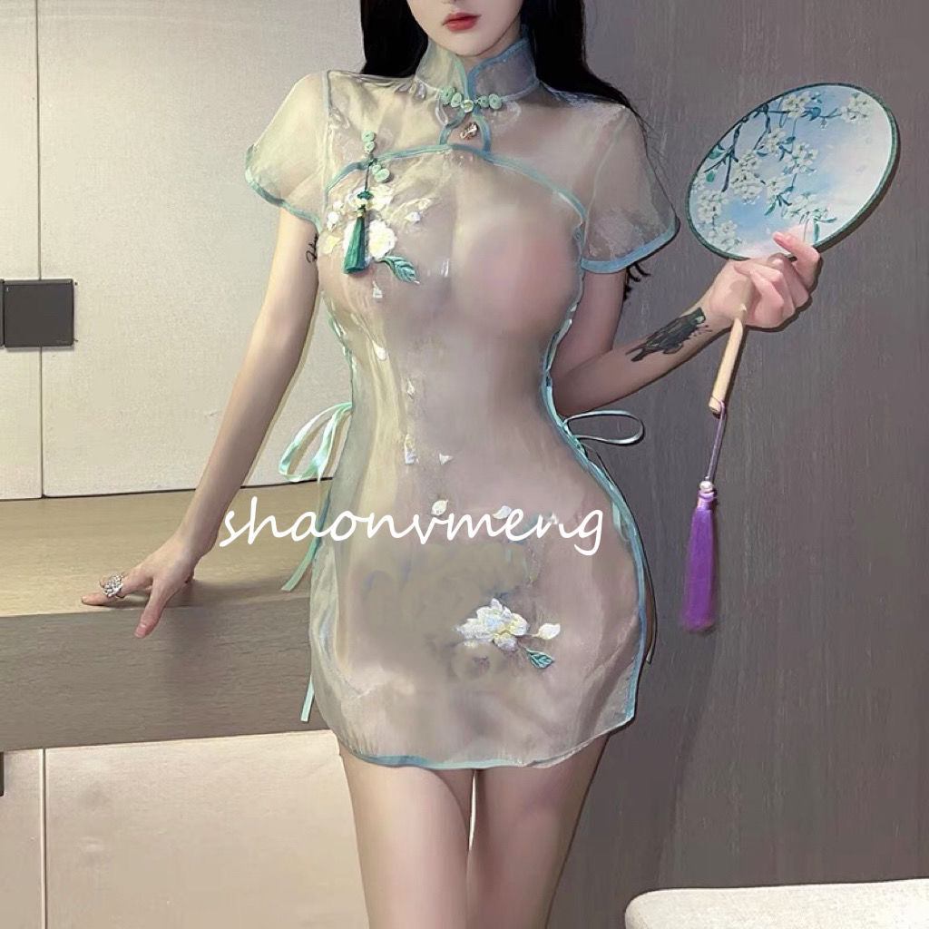 少女梦:清澈茉莉性感国风刺绣睡裙情调纯欲诱惑流苏私房睡衣套装