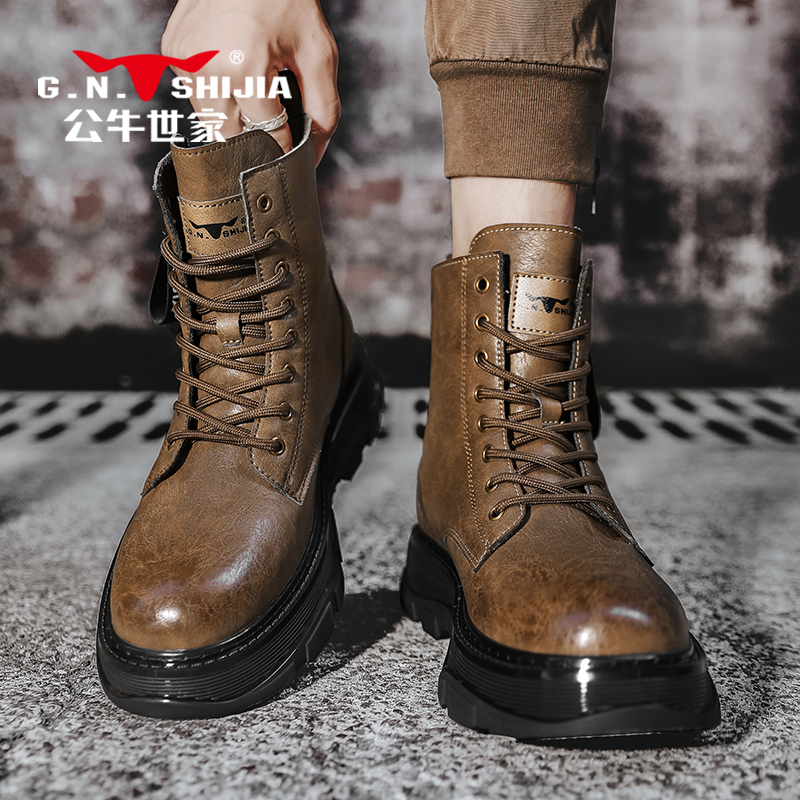 公牛世家马丁靴男春秋网红爆款英伦工装皮靴侧拉链长筒骑行机车靴