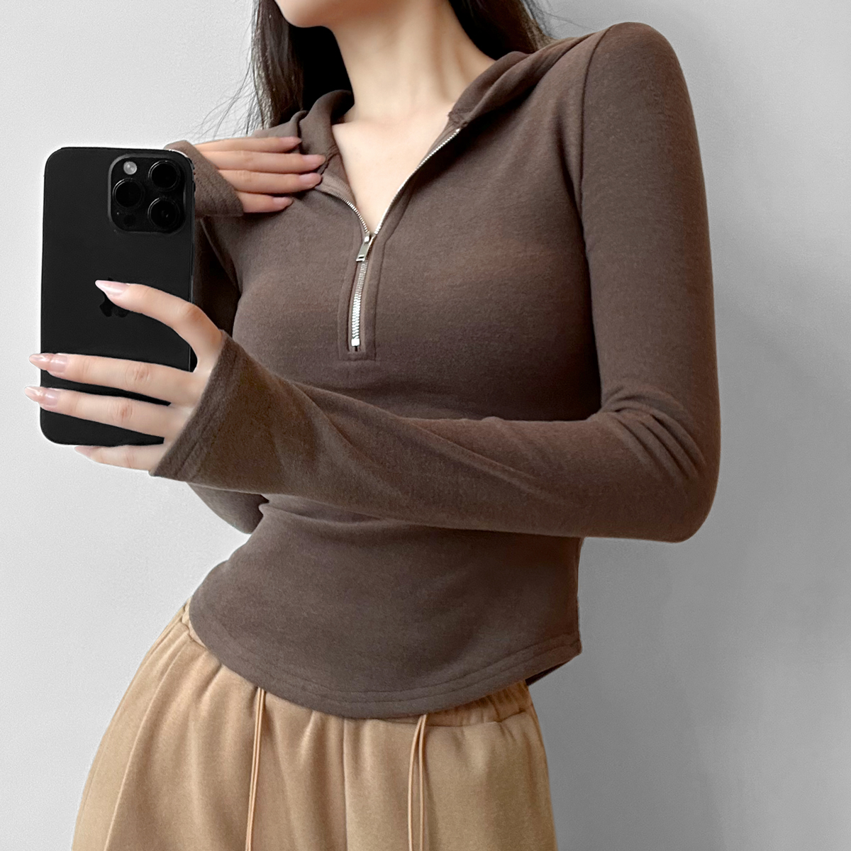 2023秋冬爆款德绒女打底衫上衣内搭长袖加绒加厚拉链连帽卫衣3031