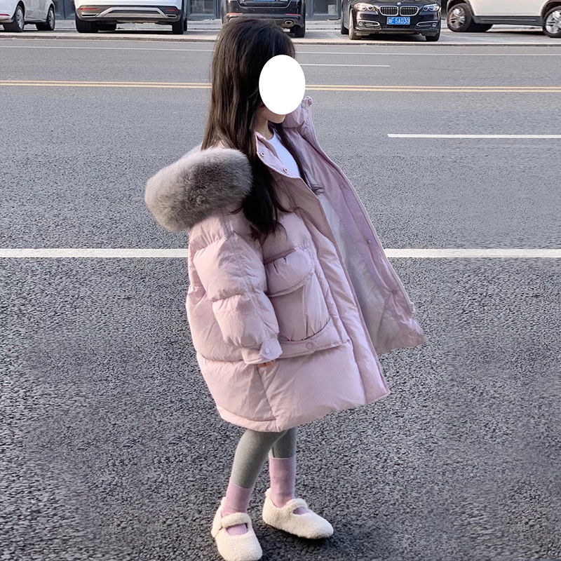 女童洋气大毛领连帽棉服儿童中长款棉衣2023新款加厚冬季保暖外套
