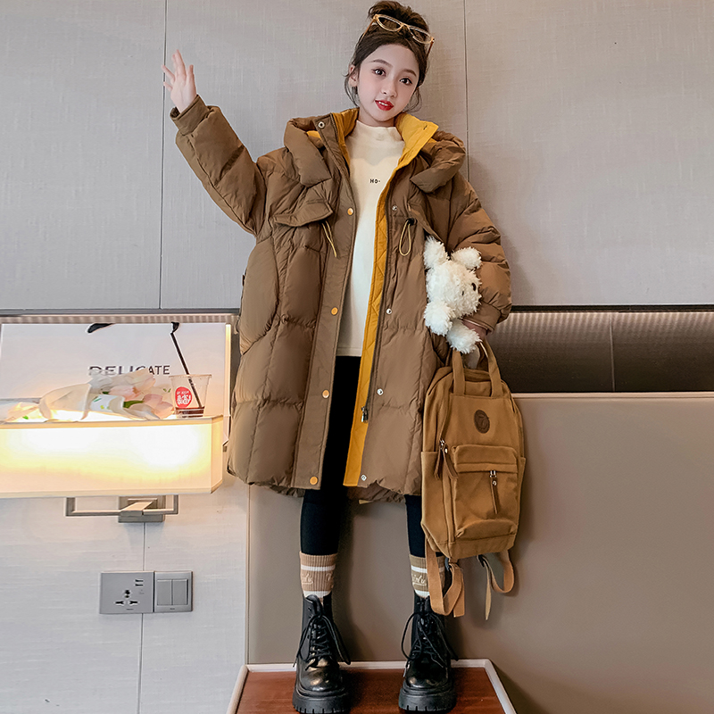 女童冬装羽绒服长款2023新款洋气宽松中大童白鸭绒过膝款羽绒外套
