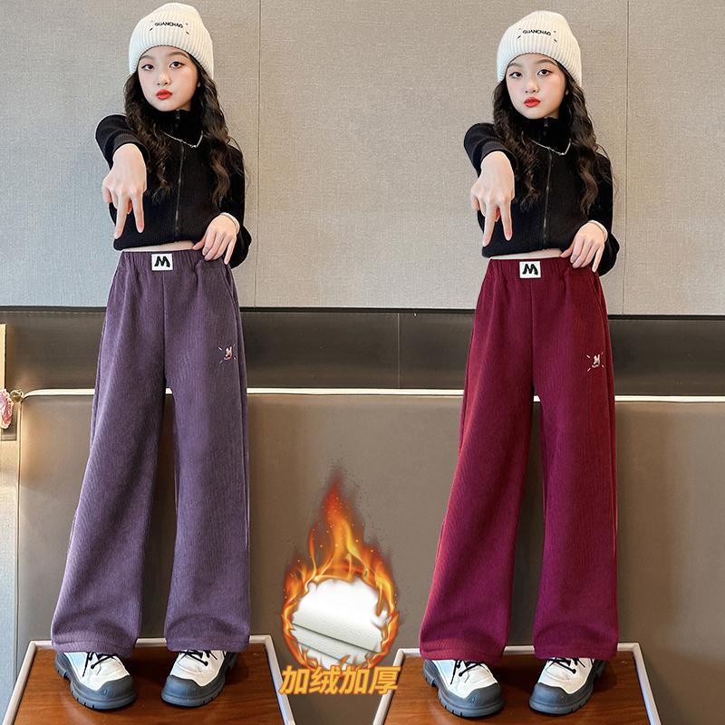 女童秋冬灯芯绒裤子2023新款女大童阔腿裤女孩加绒加厚宽松休闲裤