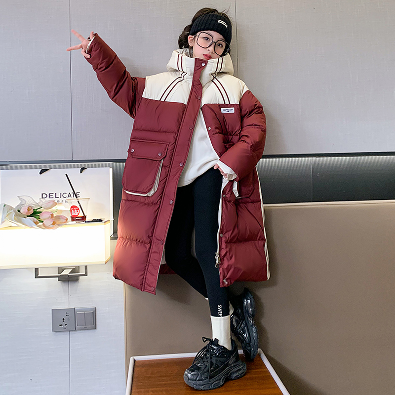 女童长款羽绒服冬装2023新款6-12岁15岁中大童洋气白鸭绒连帽外套