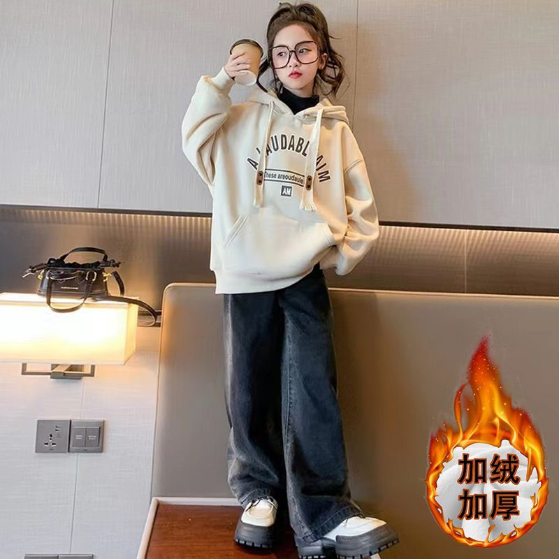 女童儿童洋气连帽卫衣秋冬新款2023中大童时髦女孩一体绒外套上衣