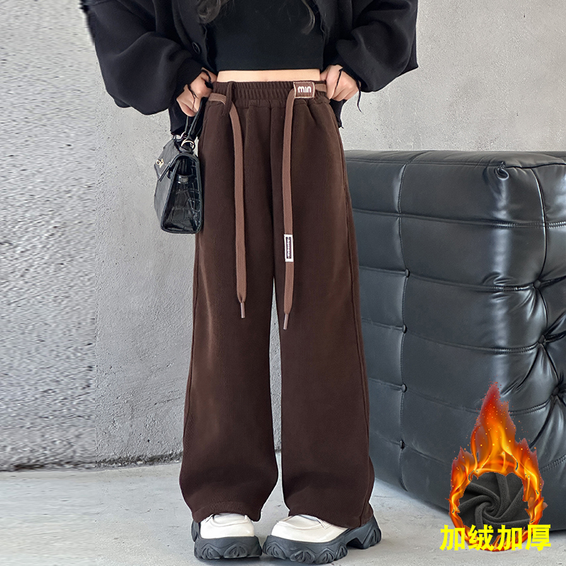 秋冬款女童加绒裤子新款冬装女孩窄版直筒裤加厚一体绒休闲裤外穿