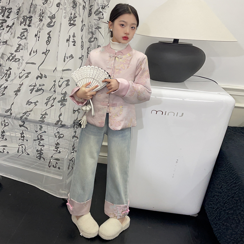 女童重工绣花唐装2023新款冬装6-12岁 5岁儿童羽绒盘扣中国风外套