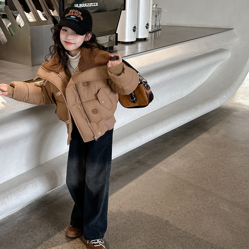 女童冬装棉衣2023新款儿童大翻领加厚棉服中大童洋气短款棉袄外套