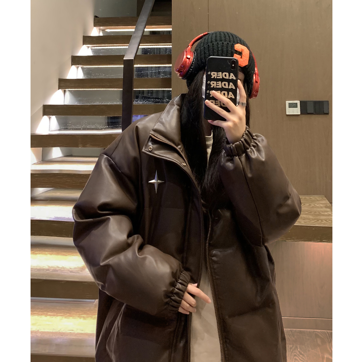 美拉德咖色pu皮衣棉服外套男冬季加厚美式潮牌高级感情侣棉衣棉袄