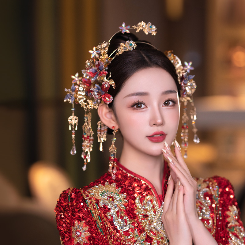 合金婚庆饰品 新娘头饰飞鹤小扇圣女冠新中式秀禾服发饰品336
