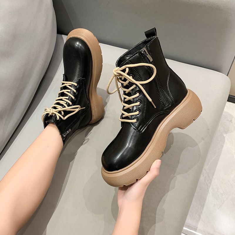 断码意尓康厚底马丁靴女英伦风2023新款秋冬侧拉链小个子增高短靴