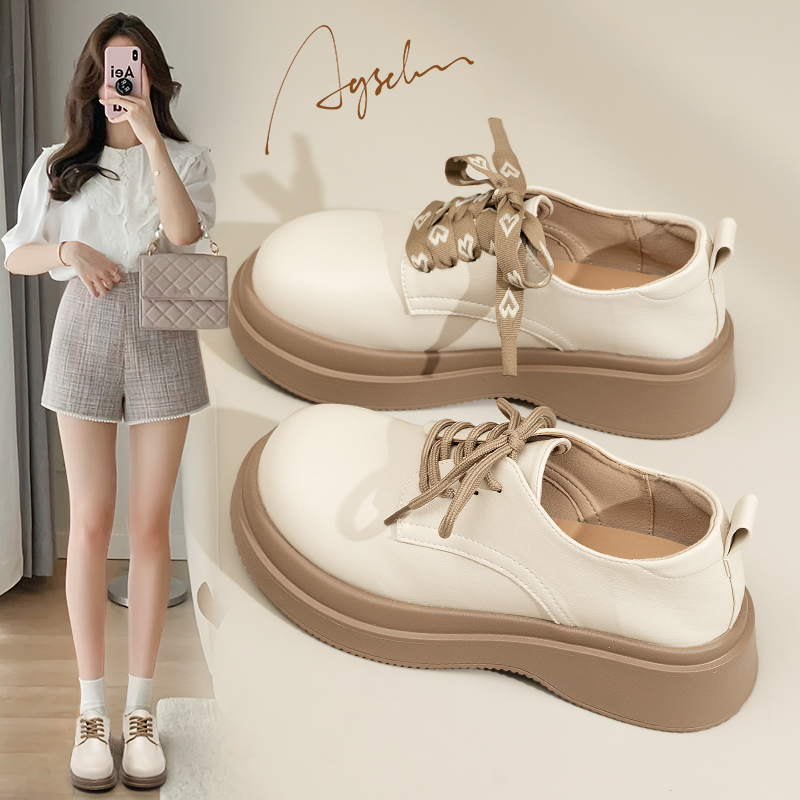 奥古狮登白色英伦风小皮鞋女2023新款秋季厚底乐福鞋百搭圆头单鞋