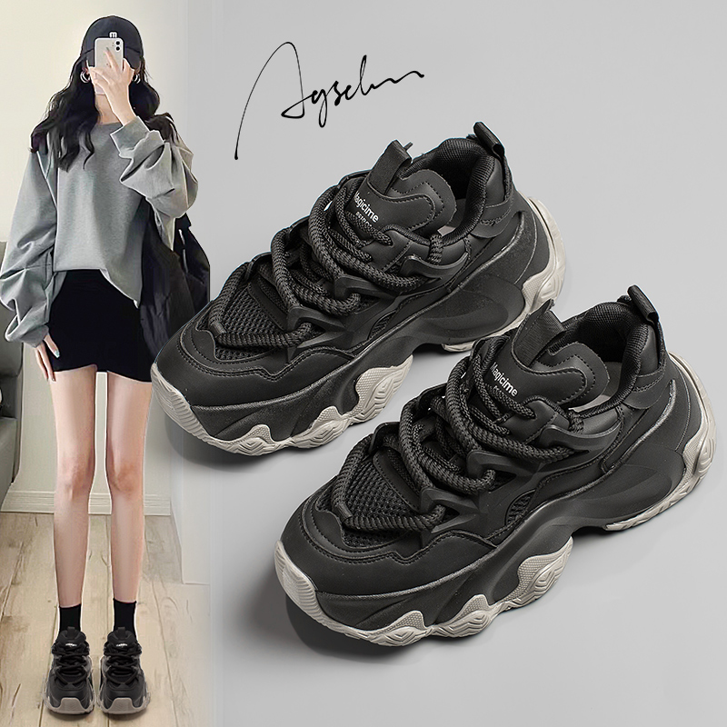 Agsdon/奥古狮登黑色老爹鞋女春秋厚底增高休闲鞋炸街超火运动鞋