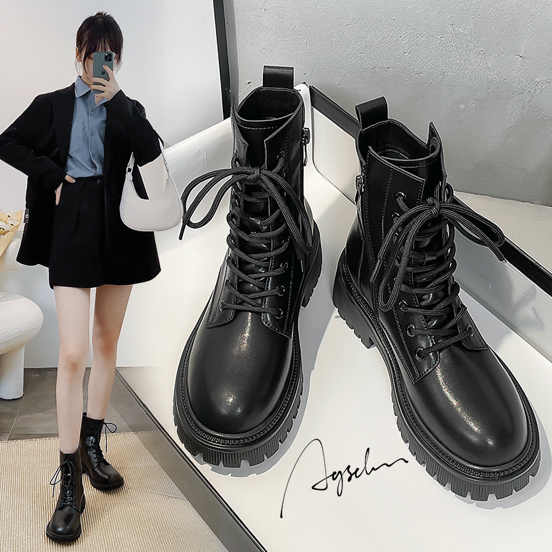 奥古狮登马丁靴女2023新款春秋厚底增高小个子短靴黑色真皮机车靴
