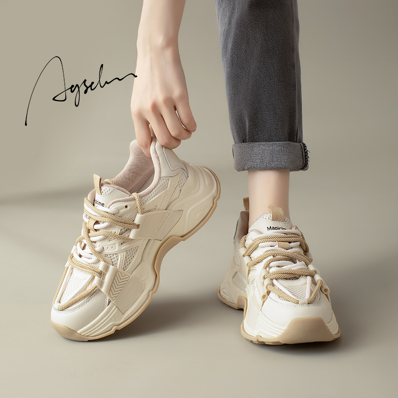 奥古狮登轻便老爹鞋女2023新款春秋厚底增高百搭休闲小白运动鞋子