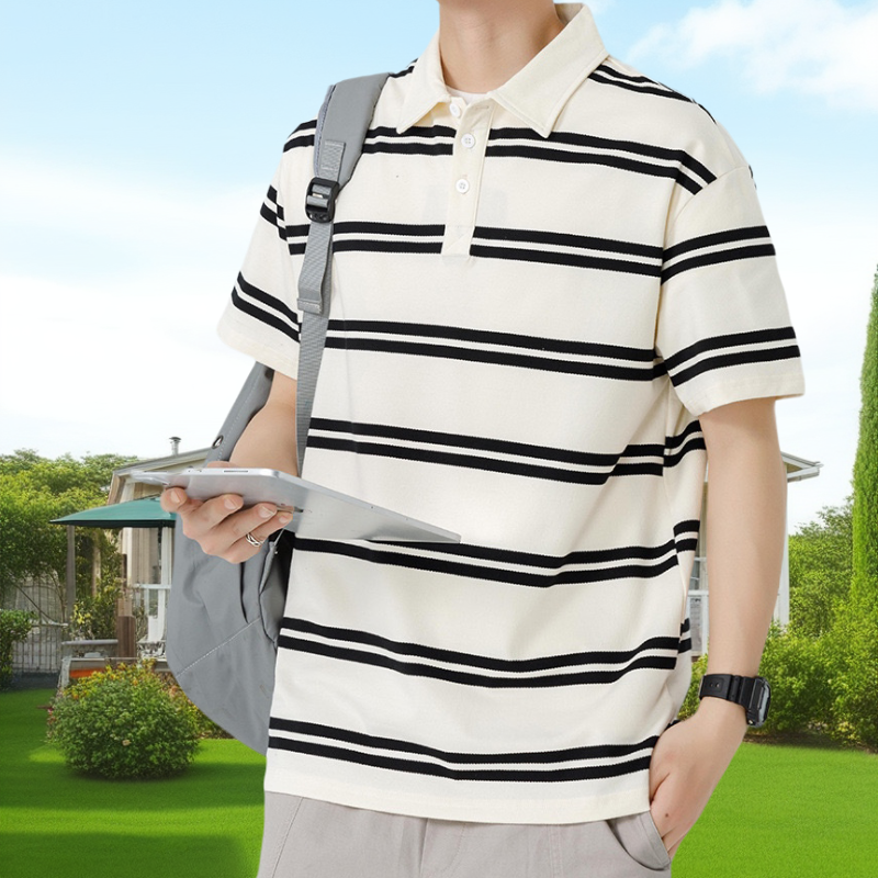 潮牌条纹Polo杉夏季男款宽松日系翻领短袖复古商务半袖