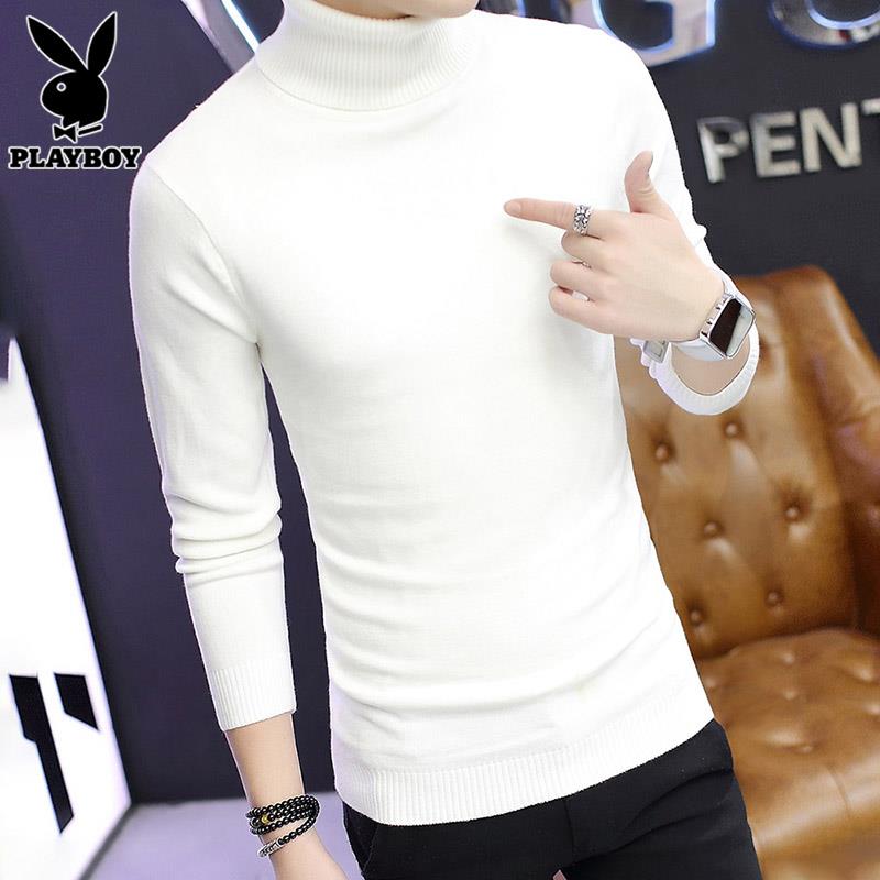 PLAYBOY休闲毛衣男士高领长袖打底针织衫秋季新款修身白卫生衣男