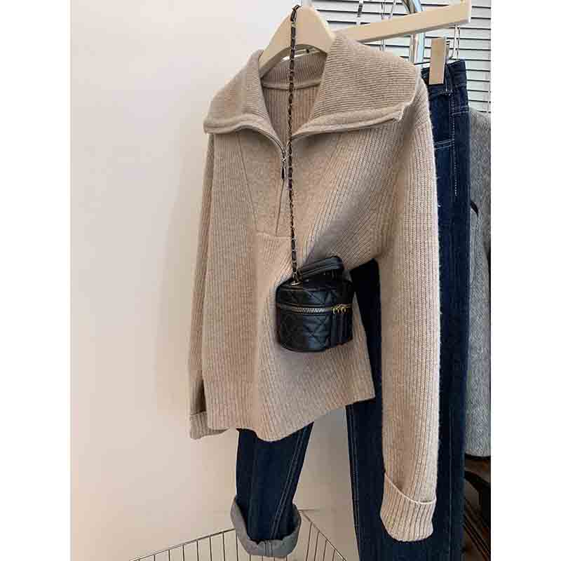 慵懒风半拉链翻领套头针织衫女秋冬2023新款高档洋气加厚外穿上衣