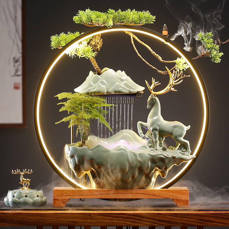 一路发财鹿装饰循环流水摆件办公室客厅电视柜酒店铺开业招财礼品