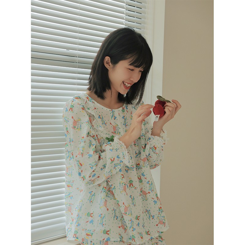 Mimomo自制の款绿色卡通小星球棉质长袖韩式家居服纯棉睡衣套装