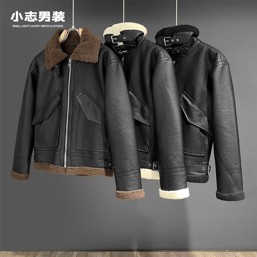 美拉德PU皮保暖摇粒绒皮衣冬季加厚防风男士痞帅翻领夹克短外套