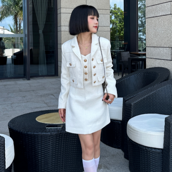 KNJ小个子金属扣法式气质小香风外套+吊带裙两件套富家千金套装女