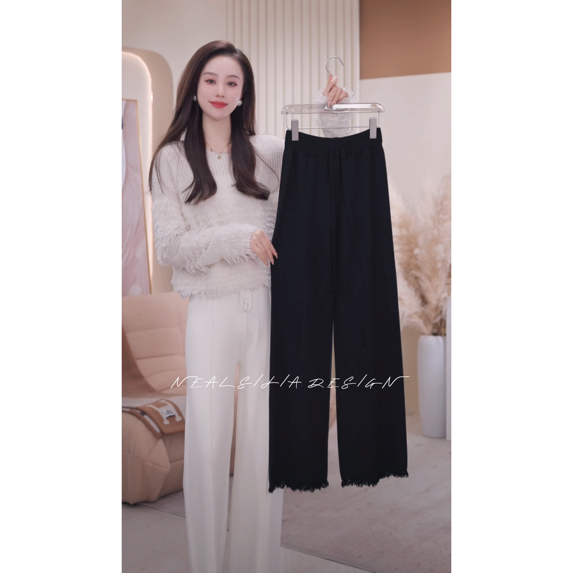 【艾文有品-达尔文】时尚针织休闲长裤2023女新款高端松紧腰直筒裤