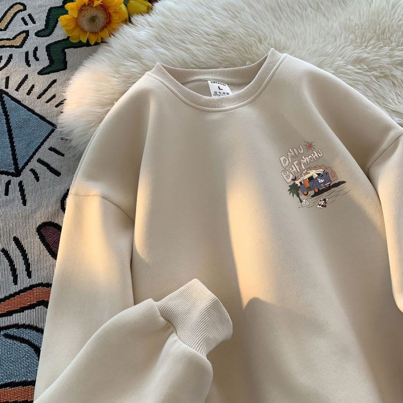 100%纯棉450克重磅纯棉圆领卫衣男冬季美式复古印花休闲上衣加绒