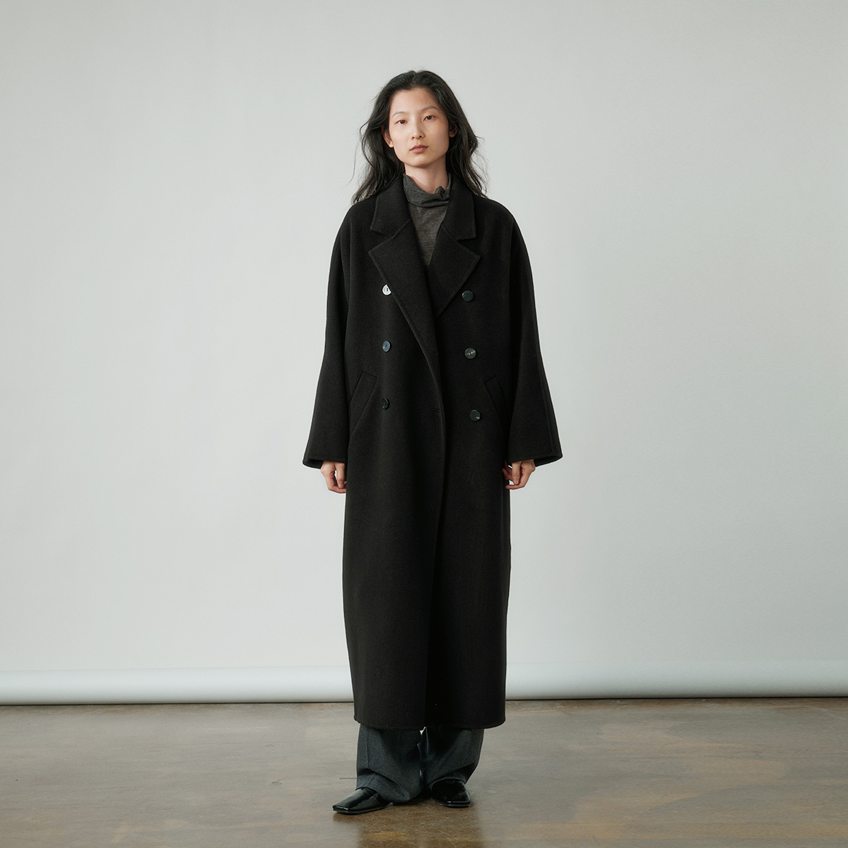 zum品牌黑色双面羊毛大衣外套女气质毛呢双排扣秋季长款外套秋冬