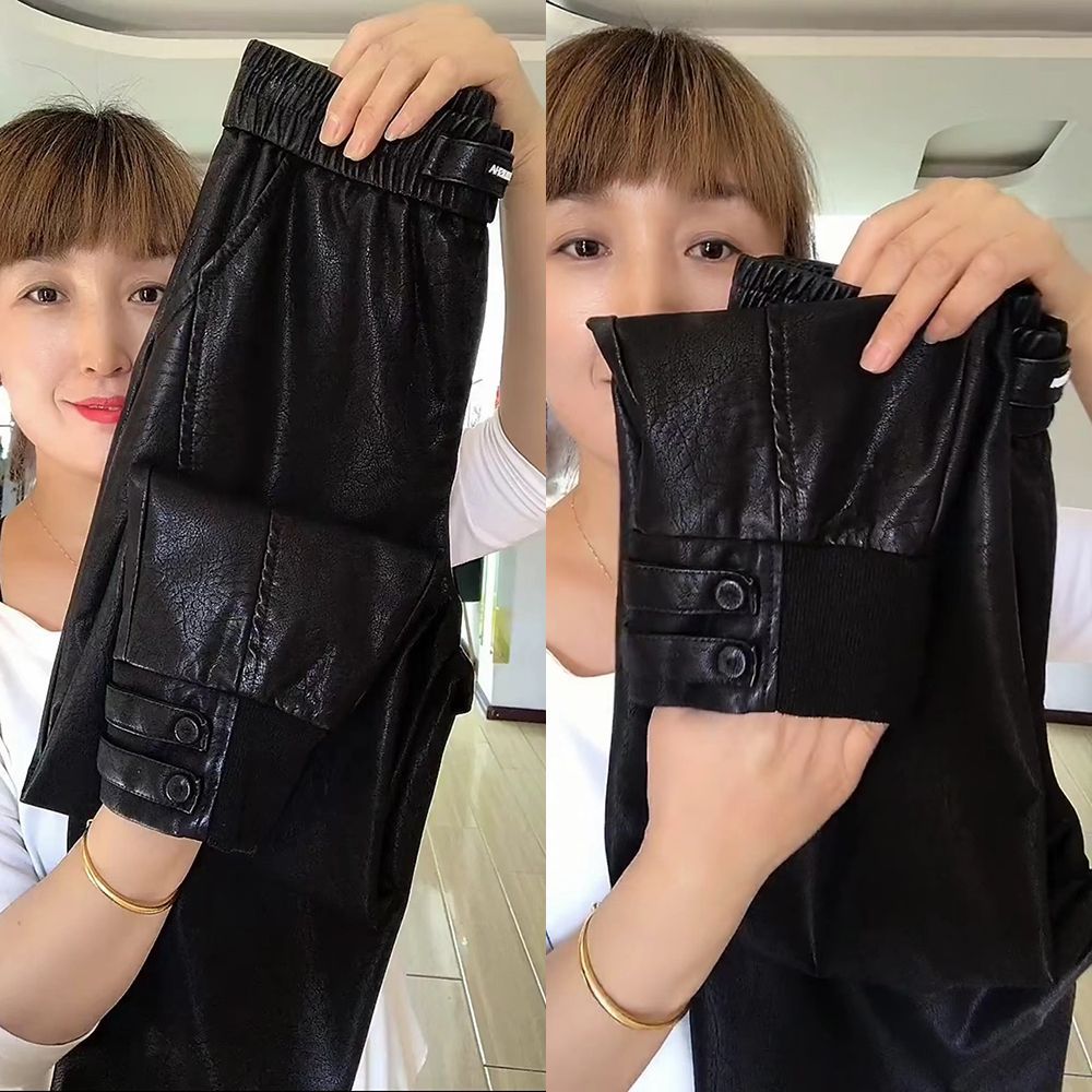 277#薄/加绒 欧货时尚pu皮裤女秋冬款休闲高腰宽松洋气显瘦哈伦裤