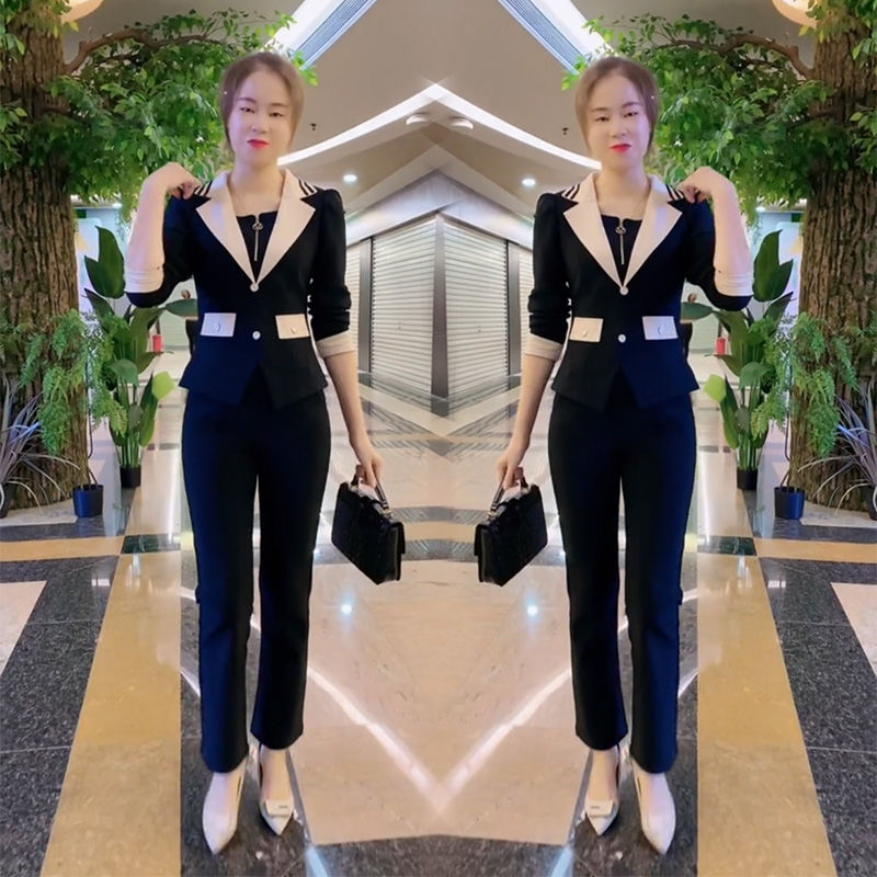 7028#时尚气质休闲套装女秋季新款撞色显瘦上衣+高腰长裤两件套