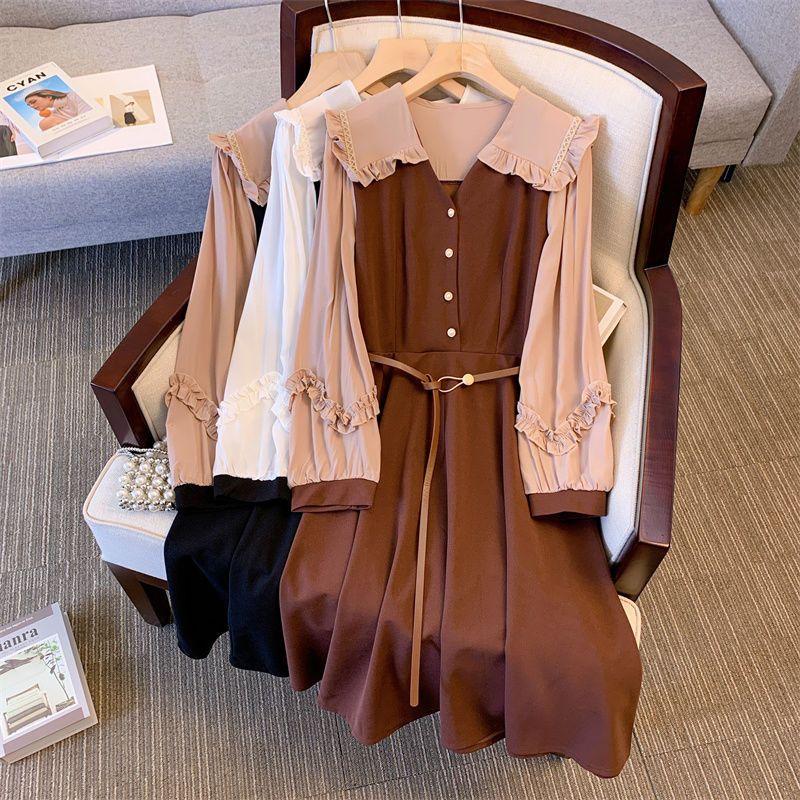 6632#大码女装V型娃娃领长袖连衣裙女时尚高腰A字裙中长款a字裙子