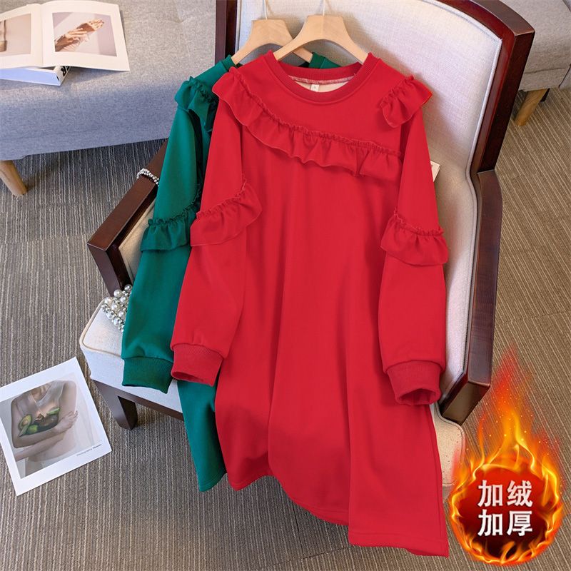 6801#大码胖妹妹宽松遮肉连衣裙秋冬新款圆领木耳边时尚中长裙