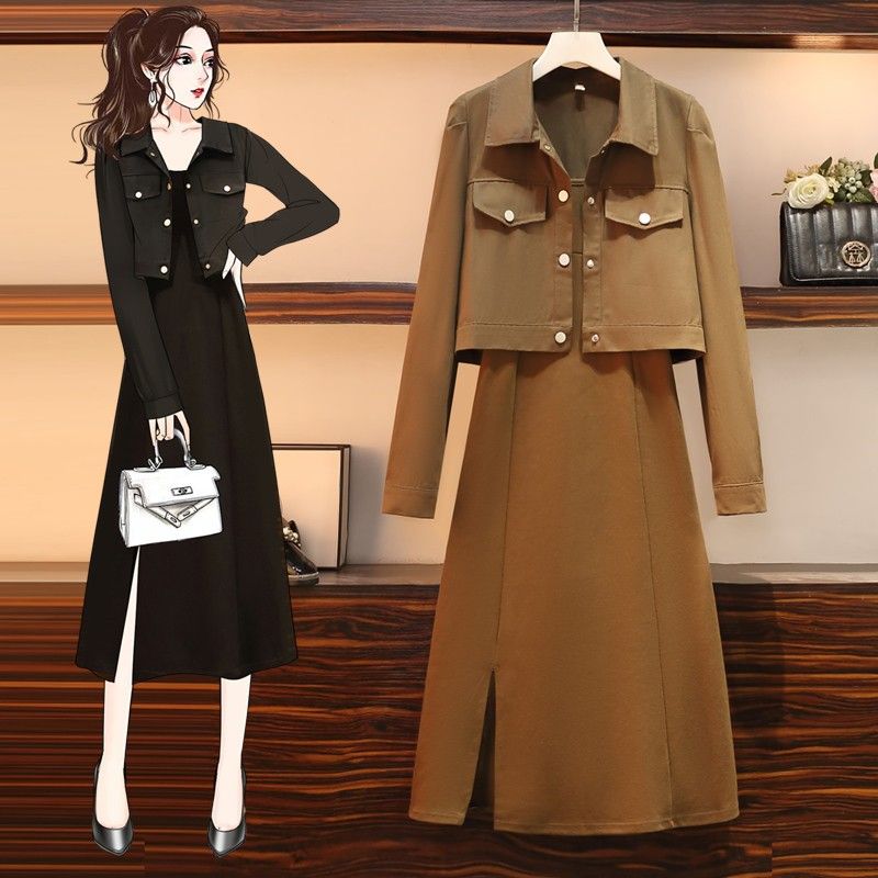 7903#简约通勤小个子套装女秋季Polo领减龄外套吊带裙时尚两件套