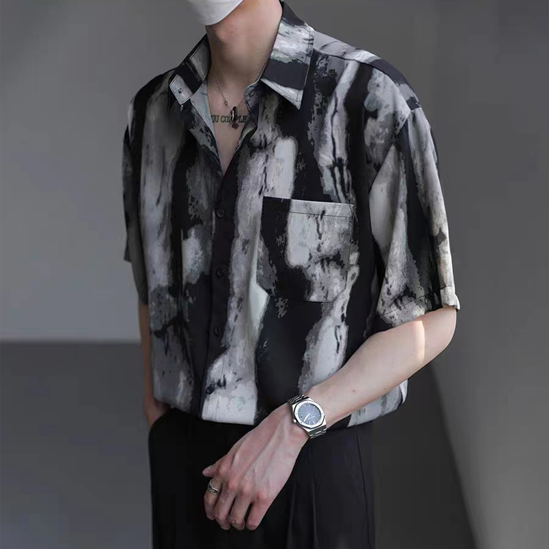 水墨冰丝花衬衫男士款七分袖夏季薄款宽松高端上档次短袖痞帅衬衣