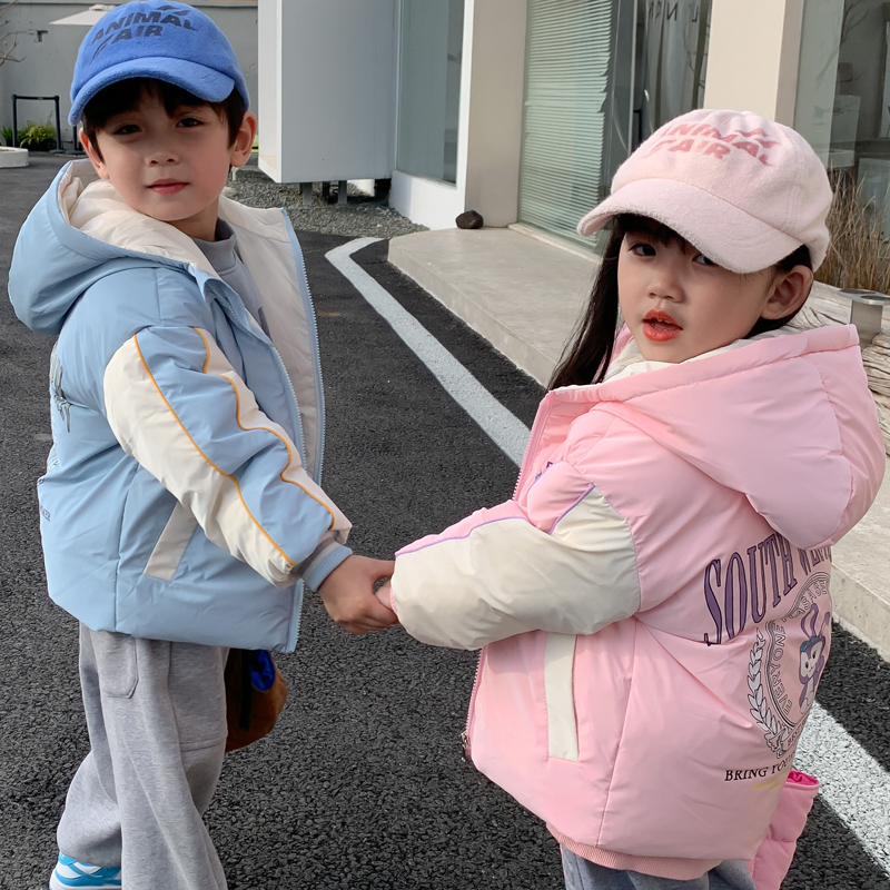 秋冬羽绒服中大童韩版洋气加厚连帽冬季拼色连帽外套小童保暖上衣